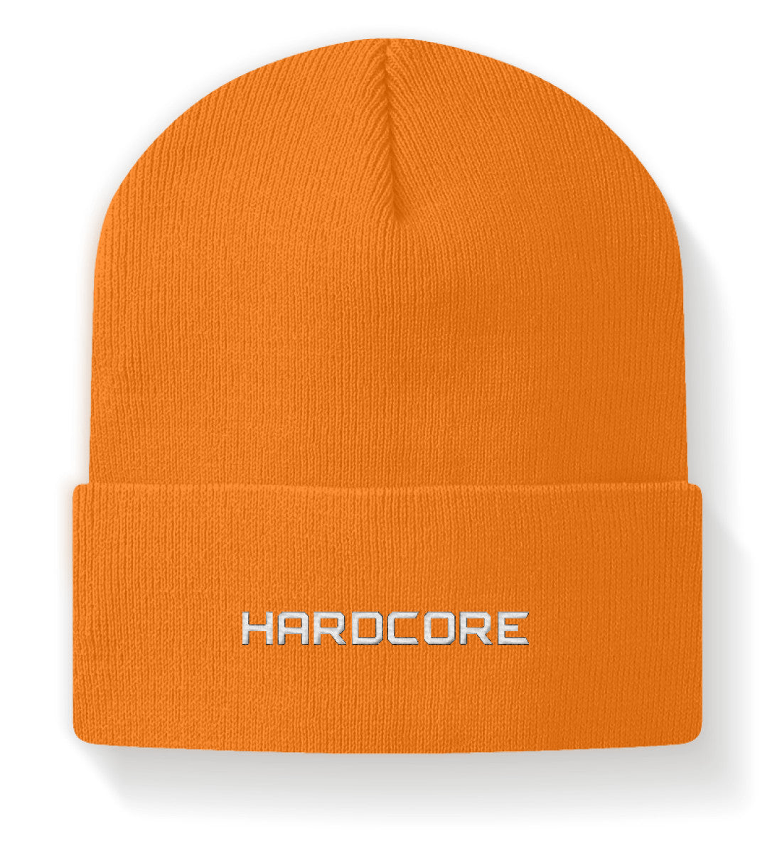 Orange Beanie mit einem Hardcore Schriftzug