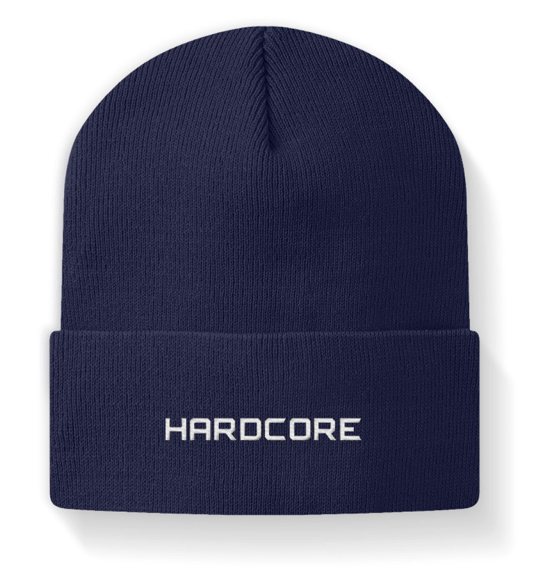 Dunkelblaue Beanie mit einem Hardcore Schriftzug